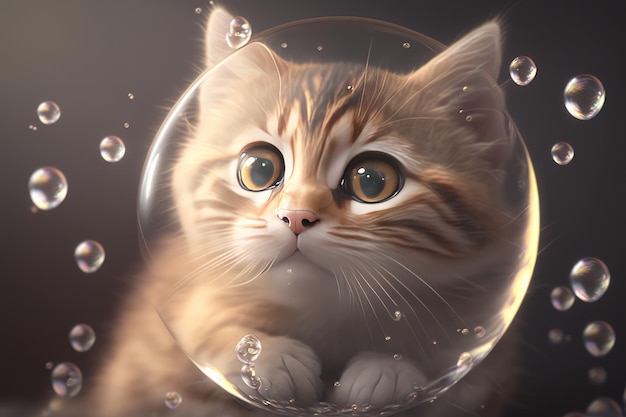 A cute japanese anime style kitten cat in soap bubble