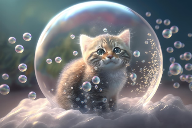 A cute japanese anime style kitten cat in soap bubble