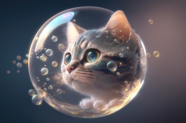 A cute japanese anime style kitten cat in soap bubble