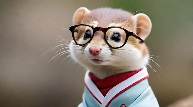 A Cute Japanese Weasel Wearing Glasses And Clothes