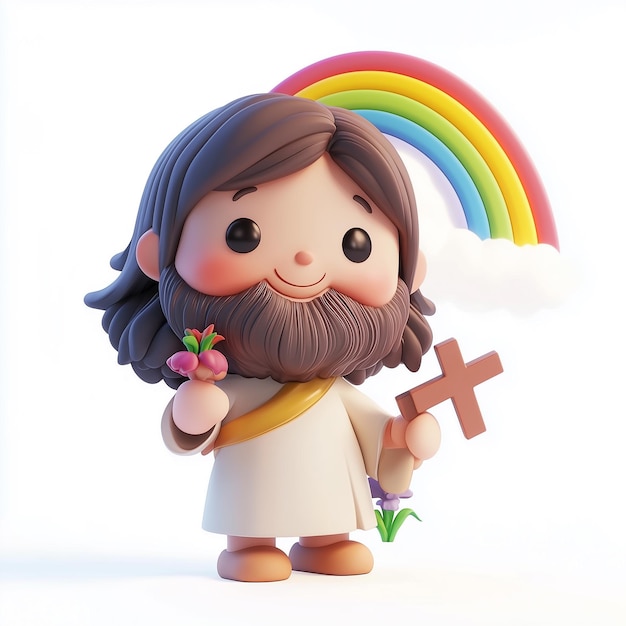 Photo cute jesus cartoon character with rainbow and cross jesus 3d character