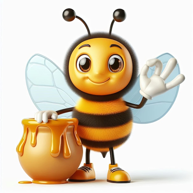 Cute Joyful bee with a honey pot mascot character 3d