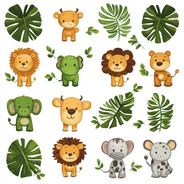 Photo cute jungle animal cartoon characters set