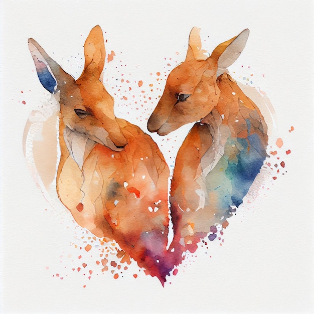 Cute kangaroo couple in love with hearts watercolor illustration