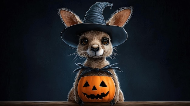 Cute kangaroo wearing a witch hat with a Halloween pumpkin