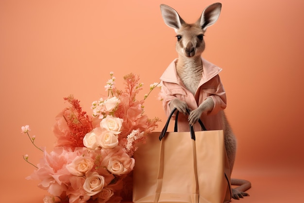 Cute kangaroo with a bouquet of flowers and bag on a light peach colored background