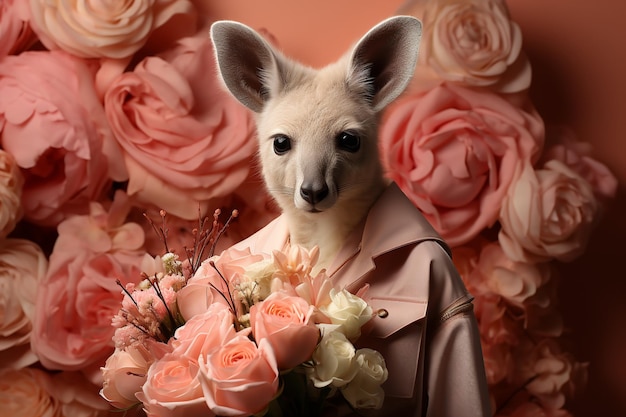 Cute kangaroo with a bouquet of flowers and bag on a light pink colored and floral background