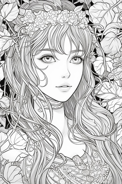 Cute kawaii anime girl coloring book illustration AI generated