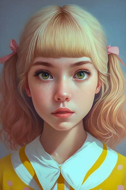 Cute kawaii anime style young girl portrait drawn illustration