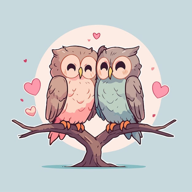 Photo cute kawaii cartoon couple owls valentines love