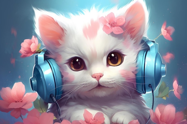 Cute kawaii cat wtih headphones Generate Ai