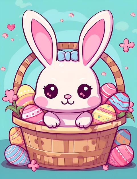 Cute Kawaii Easter Bunny Basket Background For Kids