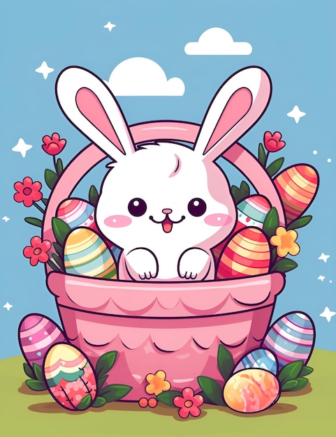 Cute Kawaii Easter Bunny Basket Background For Kids