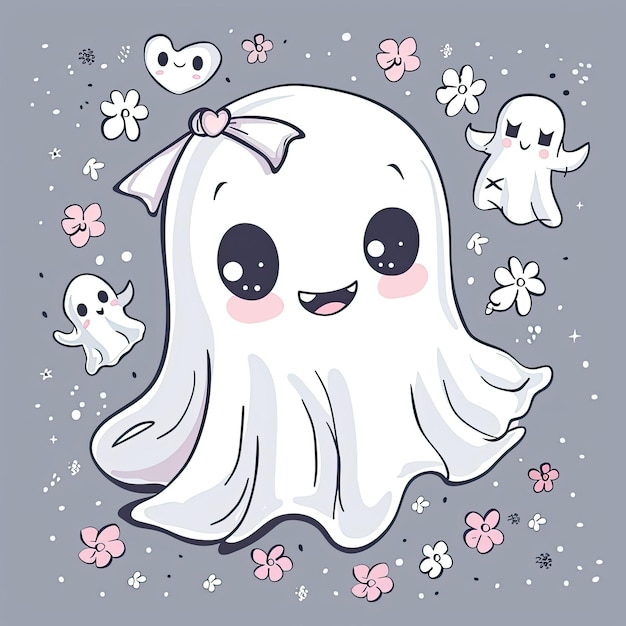 Cute kawaii ghost girl with bow and flowers Halloween character Nursery art style