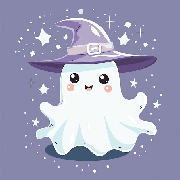 Photo cute kawaii ghost in magic hat halloween character nursery art style