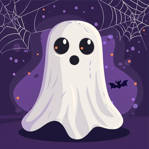 Cute Kawaii Ghost on Spooky Spider Web Adorable Halloween Illustration for Festive Designs