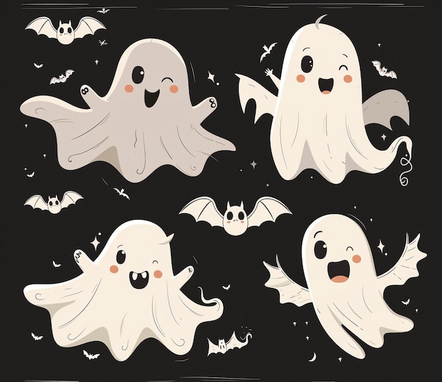 Cute Kawaii Ghost on Spooky Spider Web Adorable Halloween Illustration for Festive Designs