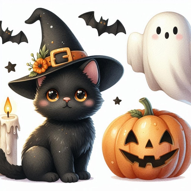 Cute Kawaii Halloween Ghost Witch Pumpkin Popcorn Black Cat and Bat Decor