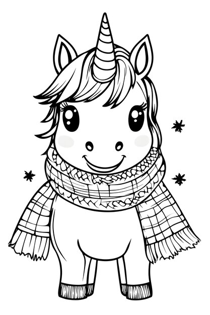 Photo cute kawaii unicorn wearing scarf in black and white coloring book style