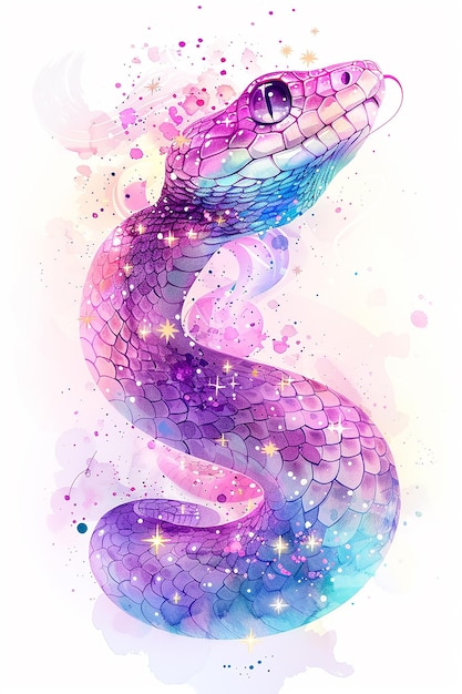 A Cute KawaiiStyle Watercolor Snake Playing with Stars