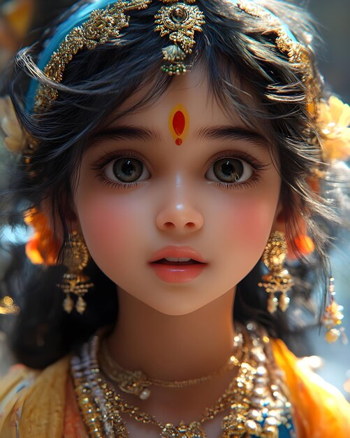 Cute Kid as Hindu Goddess Radha Adorable Closeup with Beautiful Face and Eyes Aigenerated