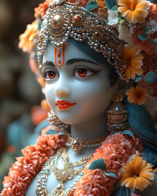 Cute Kid as Hindu Goddess Radha Adorable Closeup with Beautiful Face and Eyes Aigenerated