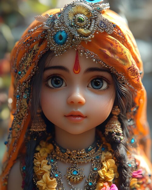 Cute Kid as Hindu Goddess Radha Adorable Closeup with Beautiful Face and Eyes Aigenerated