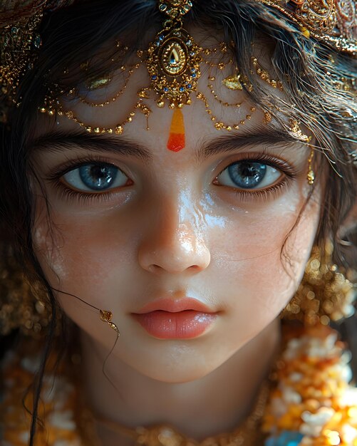 Cute Kid as Hindu Goddess Radha Adorable Closeup with Beautiful Face and Eyes Aigenerated