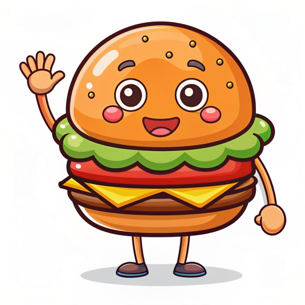 Photo cute kid burger waving hand cartoon vector icon illustration food education icon concept isolated premium vector flat cartoon style