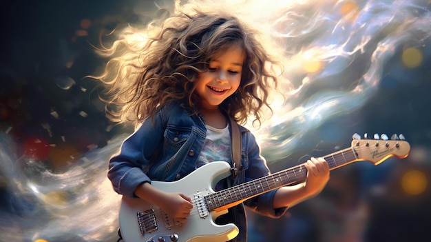 a cute kid girl playing electric guitar