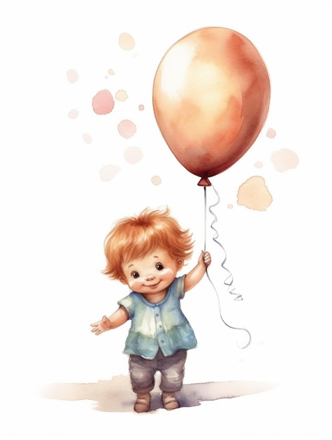 Cute kid illustration with a balloon in watercolor art