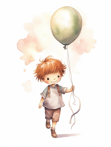 Cute kid illustration with a balloon in watercolor art