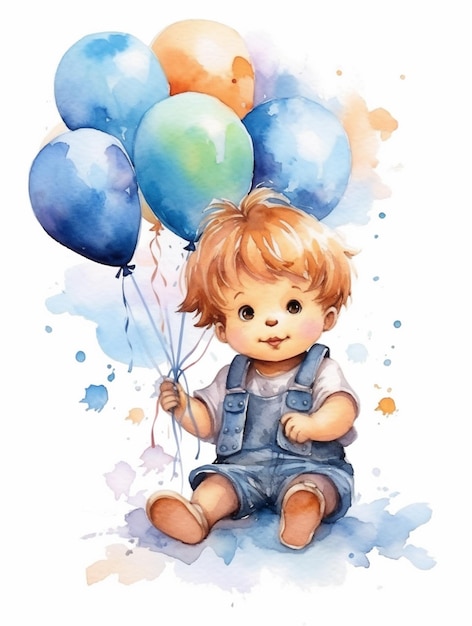 Cute kid illustration with balloons in watercolor art