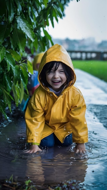 Photo cute kid plaiyng on a rainy day