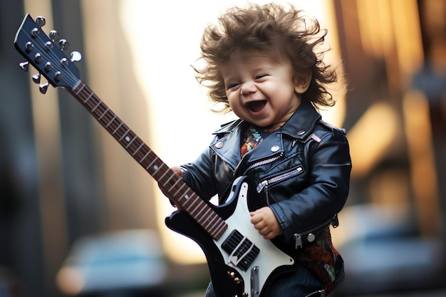 A cute kid playing electric guitar