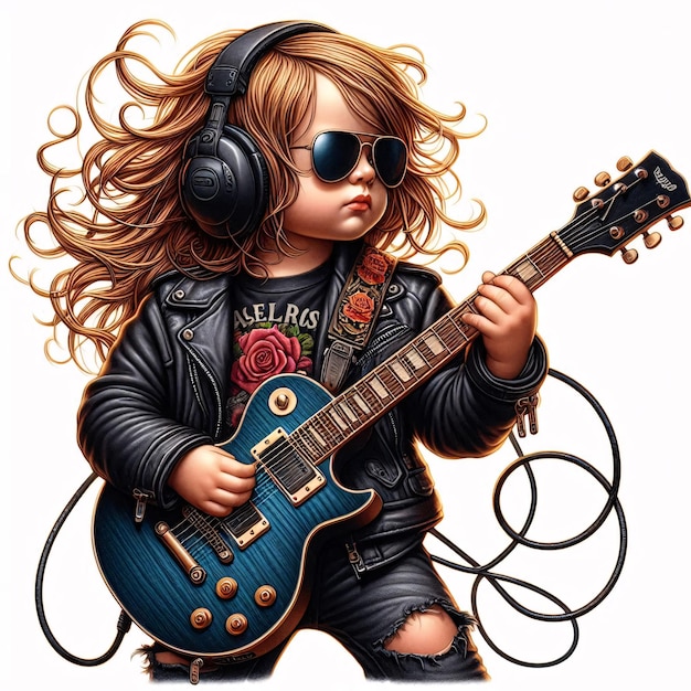 Photo cute kid rocker and guitarist musician playing guitar