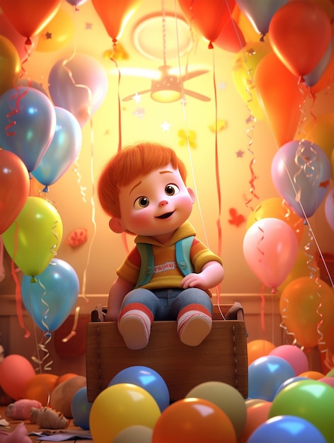 Cute Kid sitting on a box with colorful balloons