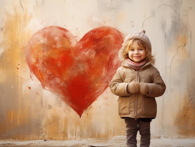 A cute kid standing next to a wall with a heart on it