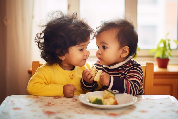 Cute kids eating food at home