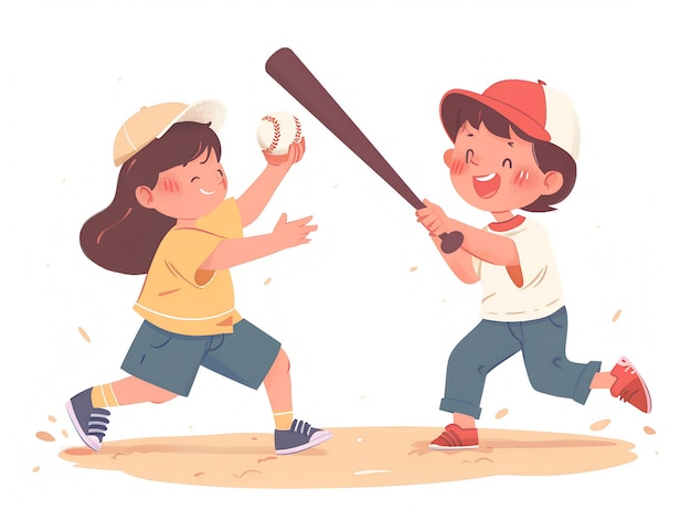 Cute kids playing baseball illustration on white