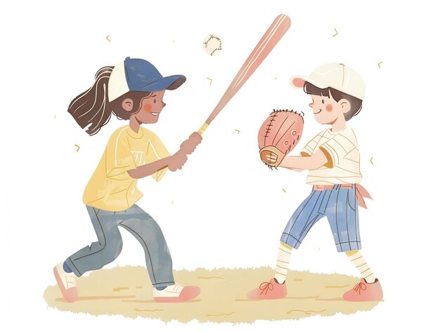 Cute kids playing baseball illustration on white