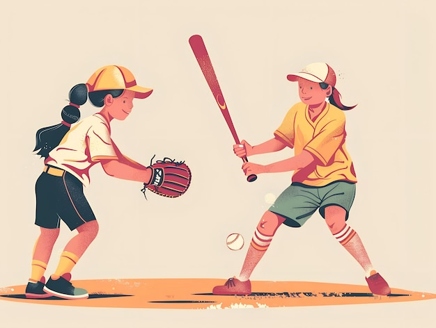 Cute kids playing baseball illustration on white