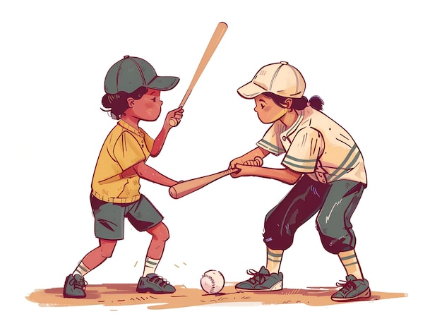 Cute kids playing baseball illustration on white