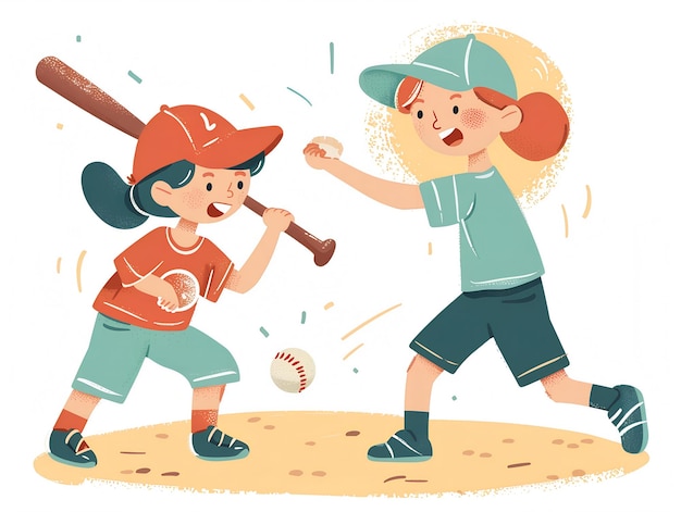 Cute kids playing baseball illustration on white