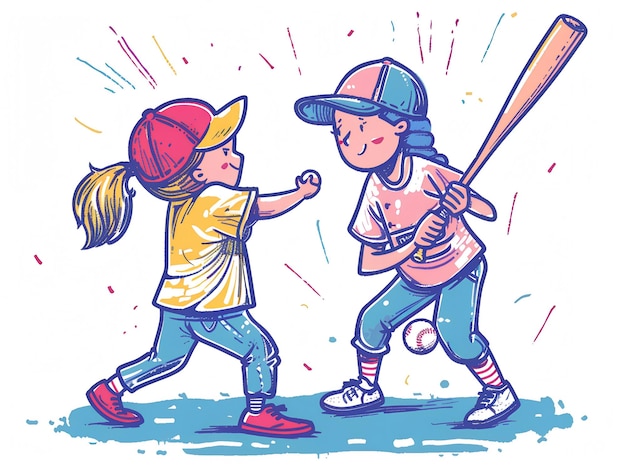 Cute kids playing baseball illustration on white