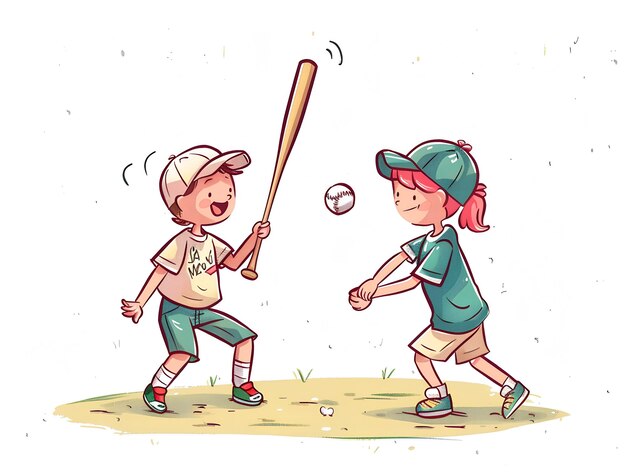 Cute kids playing baseball illustration on white