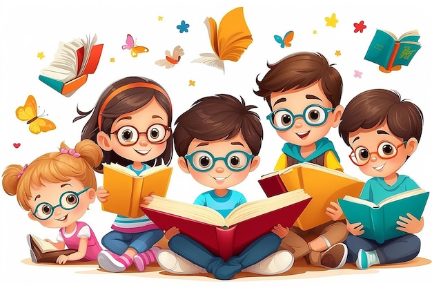 Cute kids reading bookcute children reading books Happy Children while Reading Books Vector Illustration on white backgroundeducation concept