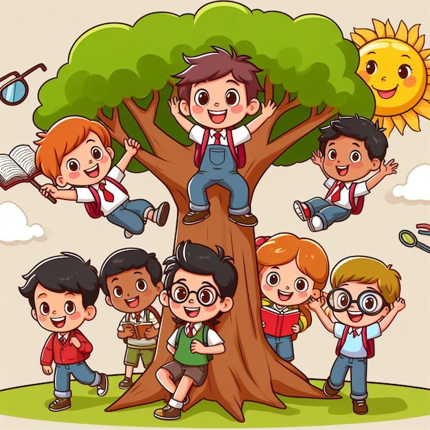 Cute kids in a tree Cartoon illustration for school story book ai images