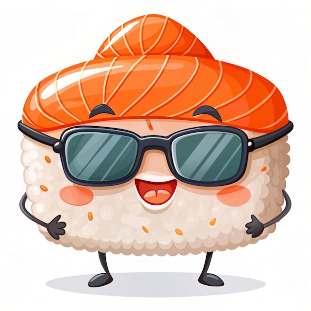 Photo cute king salmon sushi with glasses cartoon vector icon illustration food character icon concept isolated premium vector flat cartoon style