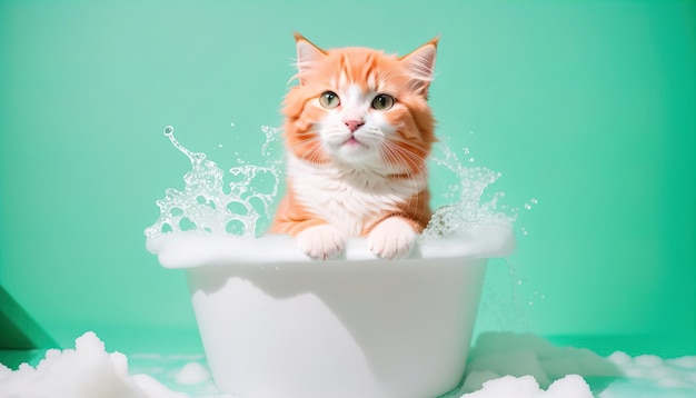 Cute kitten in a bath with foam banner Generative AI